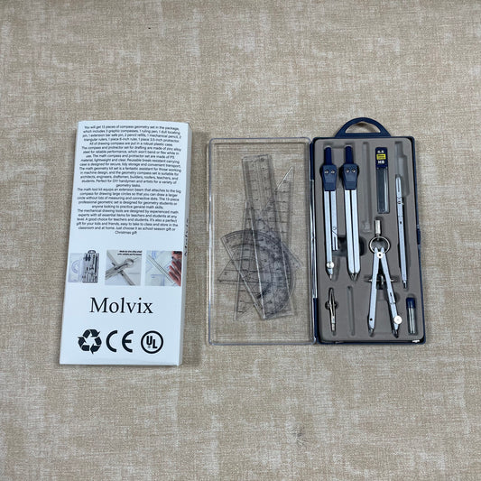 Molvix 13-piece math compass kit is a high-quality, precision tool set designed for versatile applications, featuring an extension beam design and making an excellent practical gift for students and professionals alike.