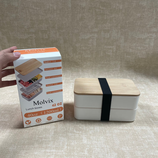 Molvix bamboo lunch box is an eco-friendly, leak-proof, and portable food container that comes with a complete cutlery set, making it perfect for enjoying fresh meals anywhere.
