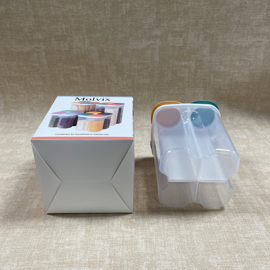Molvix storage container set, featuring durable, food-grade plastic construction and vibrant, interchangeable lids, offers an airtight, space-saving solution for organizing kitchen essentials while adding a pop of color to your countertop or pantry.