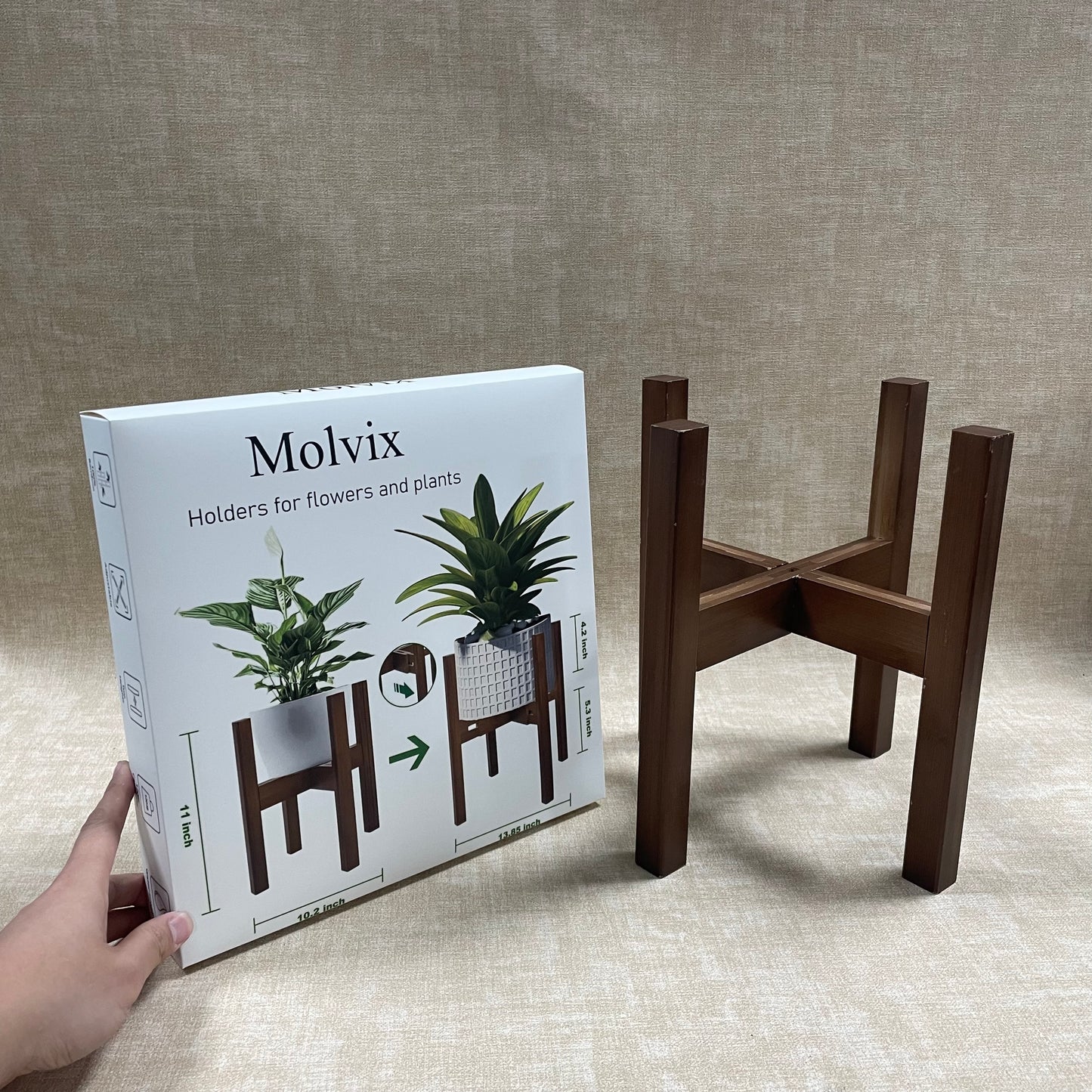 Molvix Elevate your indoor greenery game with the Wooden Flower and Plant Holder, a perfect blend of functionality and understated elegance for plant enthusiasts and interior design lovers alike.