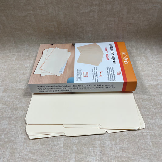Molvix file folders in letter size are sturdy, eco-friendly (containing 10% recycled content), and feature reinforced tabs in multiple positions for easy labeling and efficient document organization.