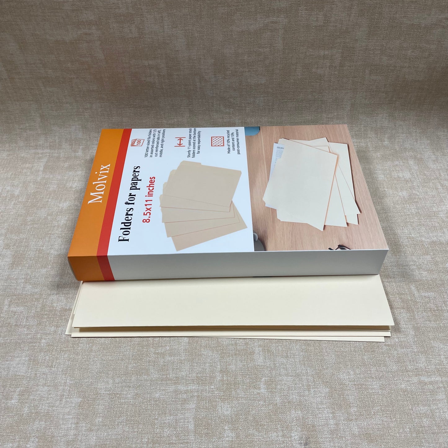 Molvix file folders in letter size are sturdy, eco-friendly (containing 10% recycled content), and feature reinforced tabs in multiple positions for easy labeling and efficient document organization.