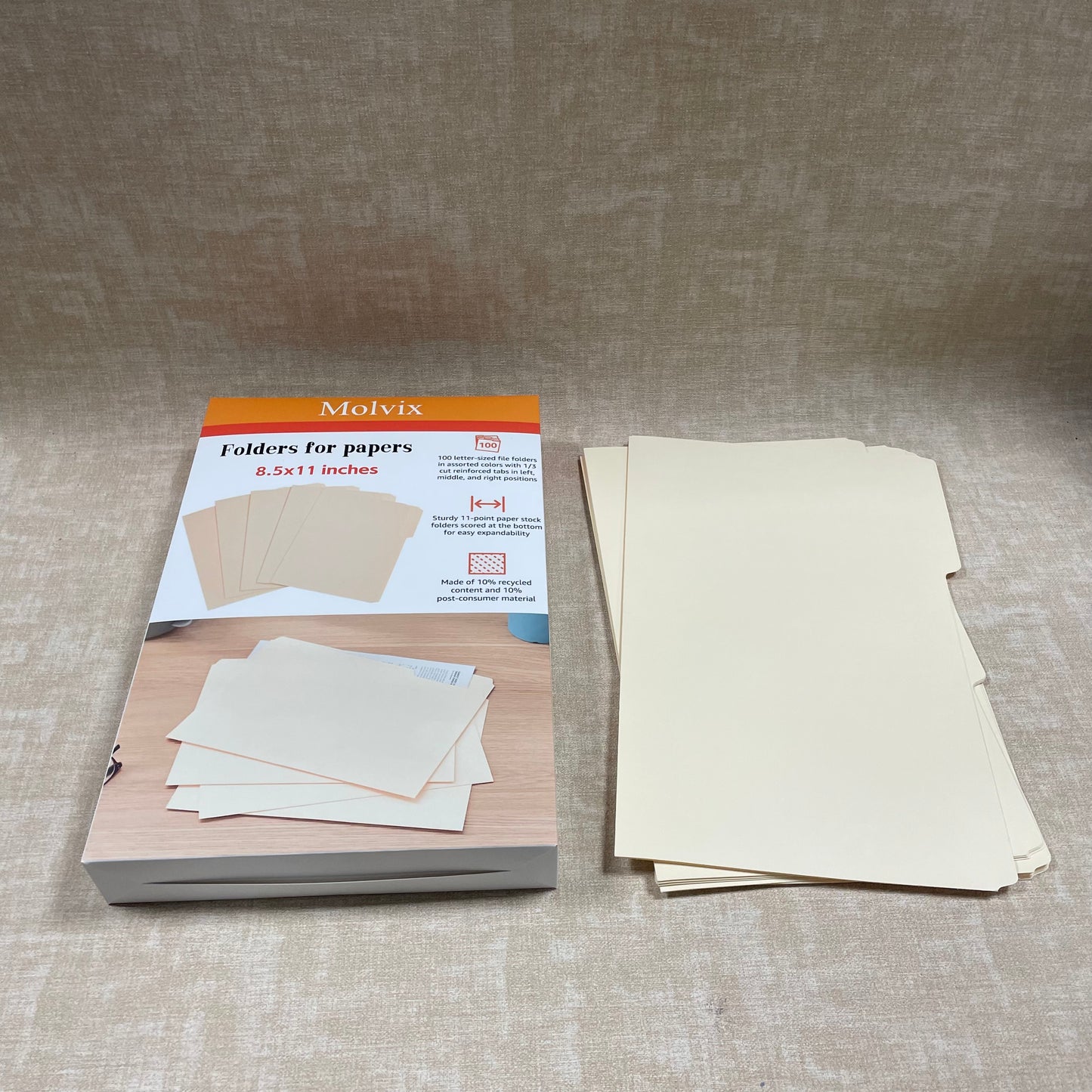 Molvix file folders in letter size are sturdy, eco-friendly (containing 10% recycled content), and feature reinforced tabs in multiple positions for easy labeling and efficient document organization.