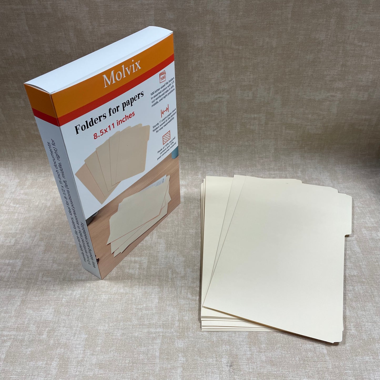 Molvix file folders in letter size are sturdy, eco-friendly (containing 10% recycled content), and feature reinforced tabs in multiple positions for easy labeling and efficient document organization.
