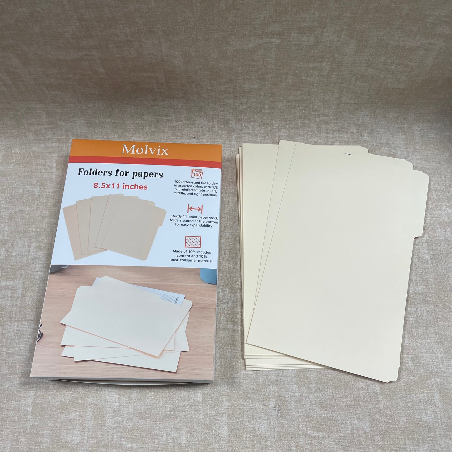 Molvix file folders in letter size are sturdy, eco-friendly (containing 10% recycled content), and feature reinforced tabs in multiple positions for easy labeling and efficient document organization.