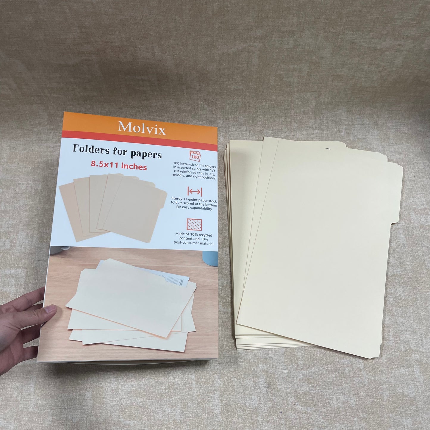 Molvix file folders in letter size are sturdy, eco-friendly (containing 10% recycled content), and feature reinforced tabs in multiple positions for easy labeling and efficient document organization.