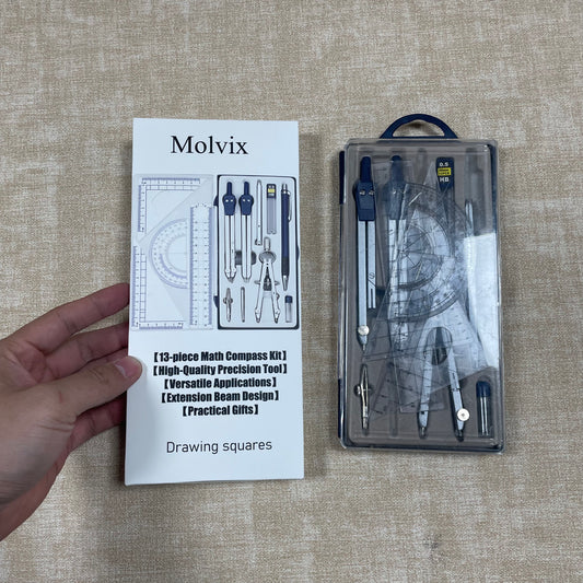 Molvix 13-piece math compass kit is a high-quality, precision tool set designed for versatile applications, featuring an extension beam design and making an excellent practical gift for students and professionals alike.