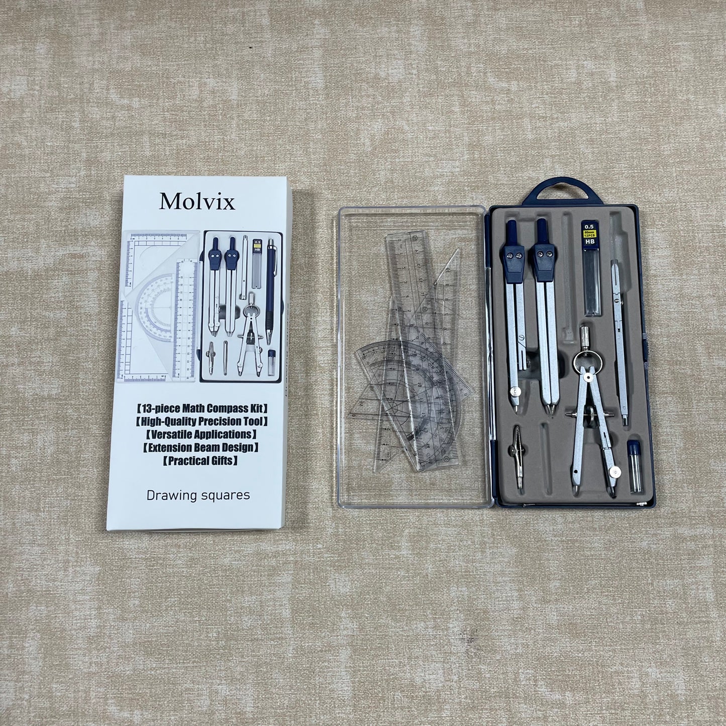 Molvix 13-piece math compass kit is a high-quality, precision tool set designed for versatile applications, featuring an extension beam design and making an excellent practical gift for students and professionals alike.